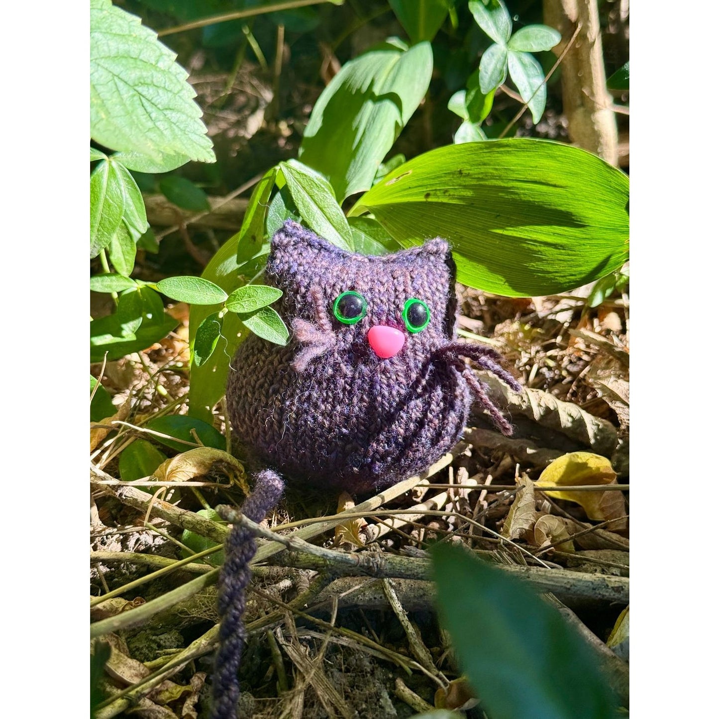 Adorable knitted cat figure in greenery, promoting a knit cat workshop near Chicago
