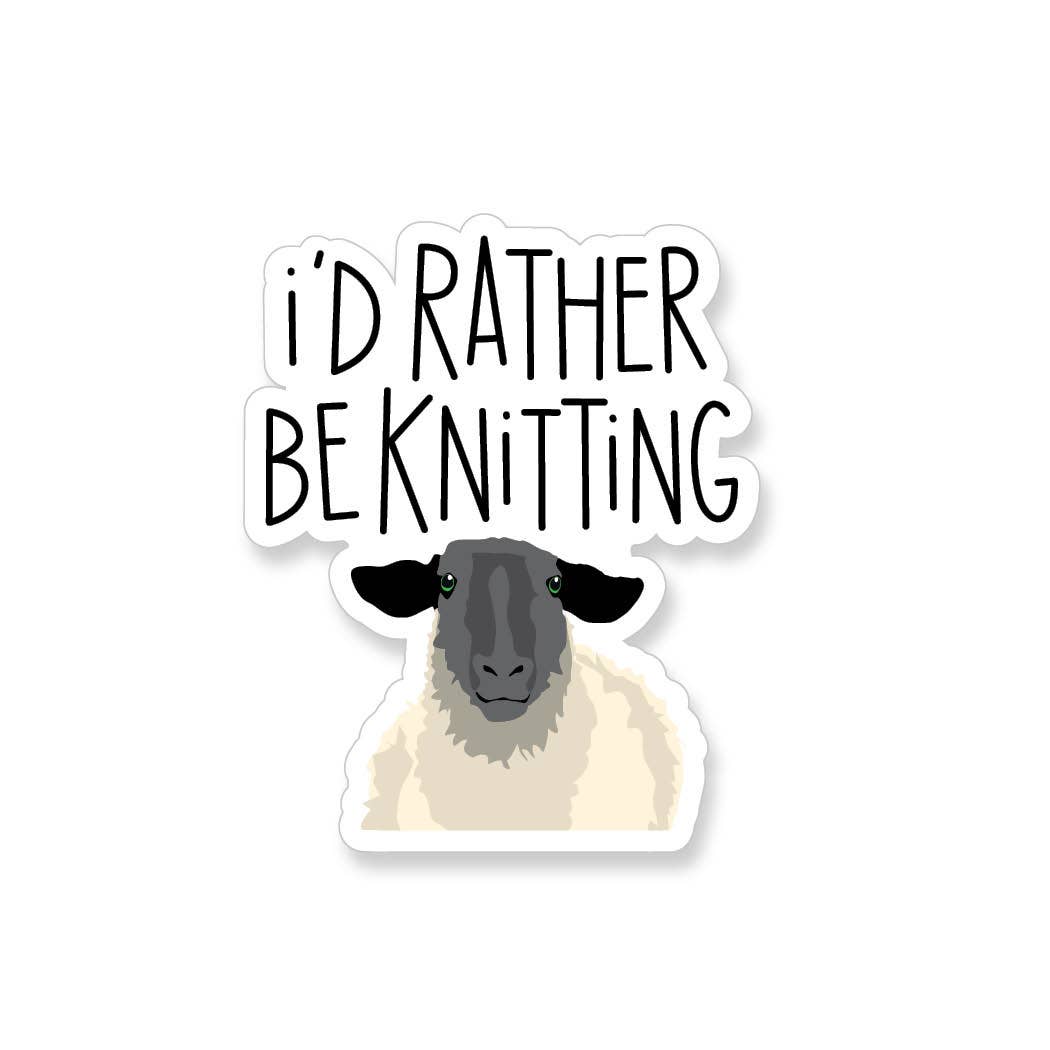 I'd rather be knitting vinyl sticker featuring a sheep illustration with black face and white wool on white backing