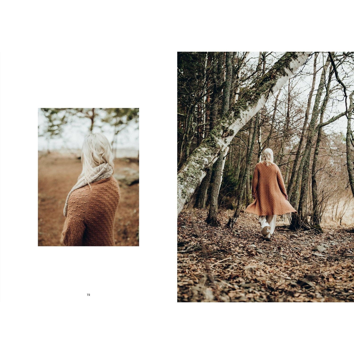 Woman wearing a cozy knitting cable sweater outdoors in a forest setting with autumn foliage