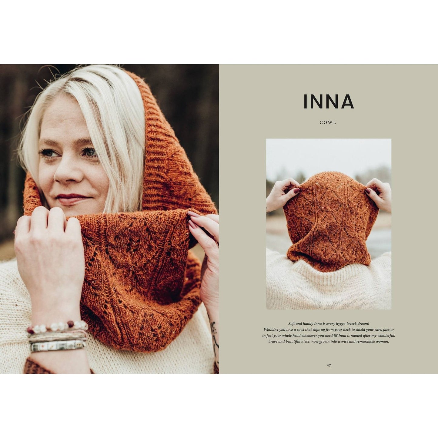 Model wearing orange Inna cowl showcasing intricate design for stylish knitters interested in knitting cable sweater