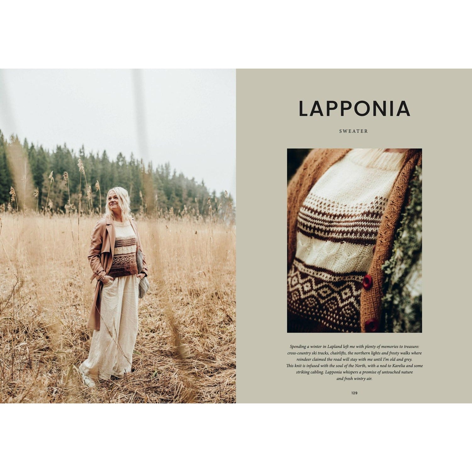 Woman wearing knitting cable sweater outdoors in a field, showcasing intricate design and neutral colors