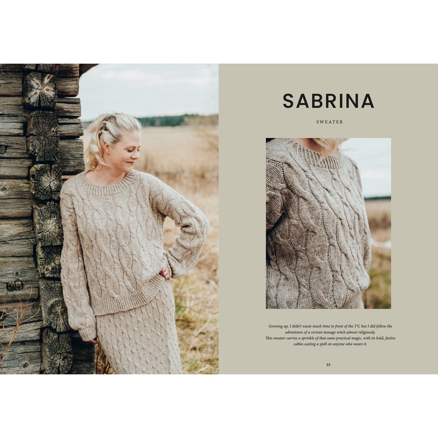 Model wearing a cozy knitting cable sweater in a natural outdoor setting, showcasing the intricate knit design