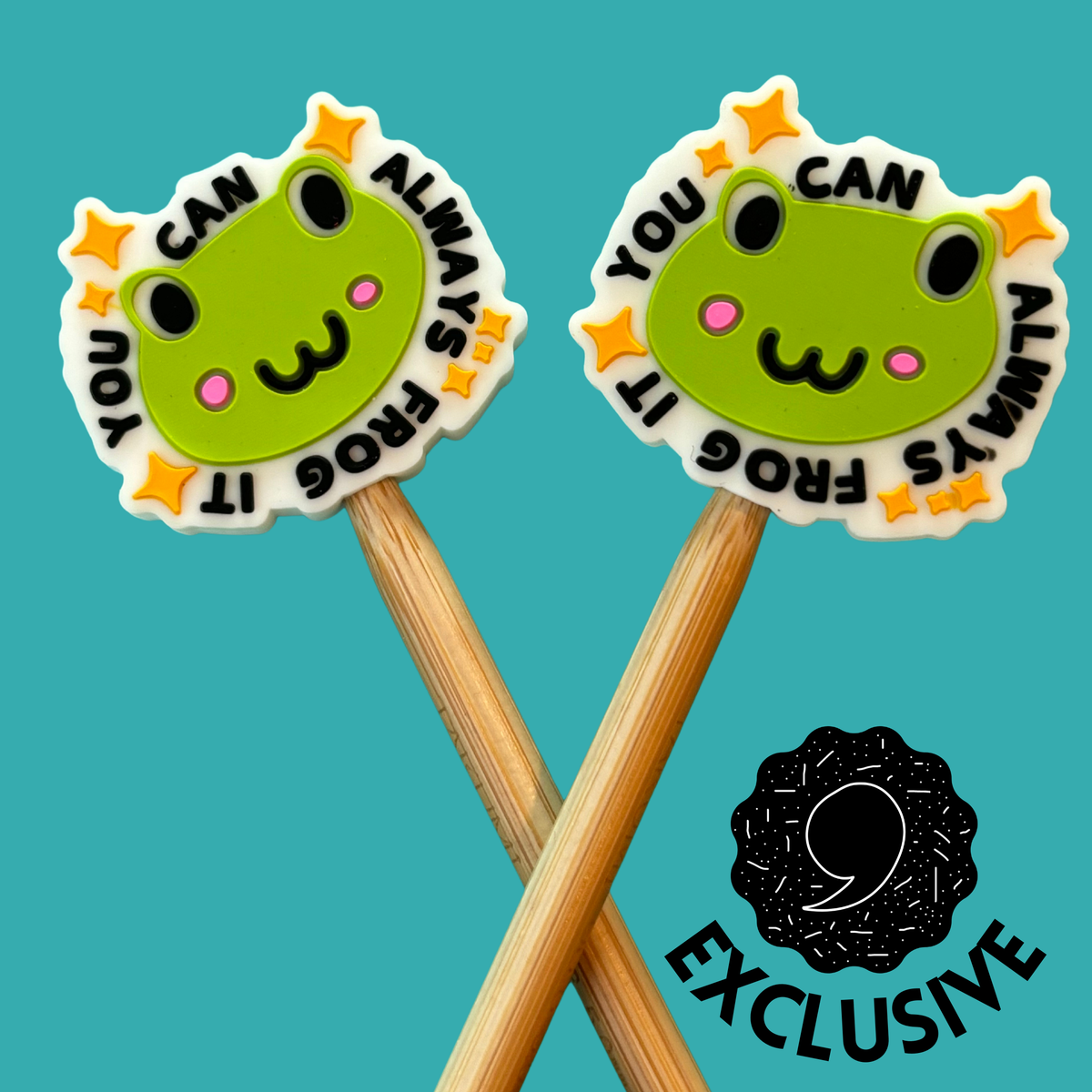 Cute Comma Craft Co knitting needles featuring a frog design with the phrase you can always frogt it