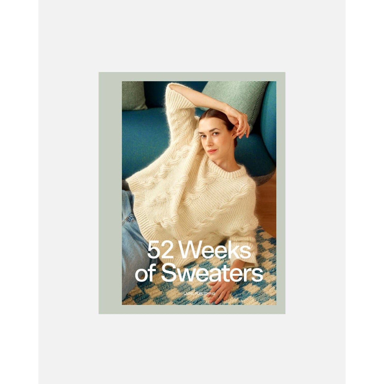 Book cover featuring a woman in a cozy sweater showcasing patterns in knitting