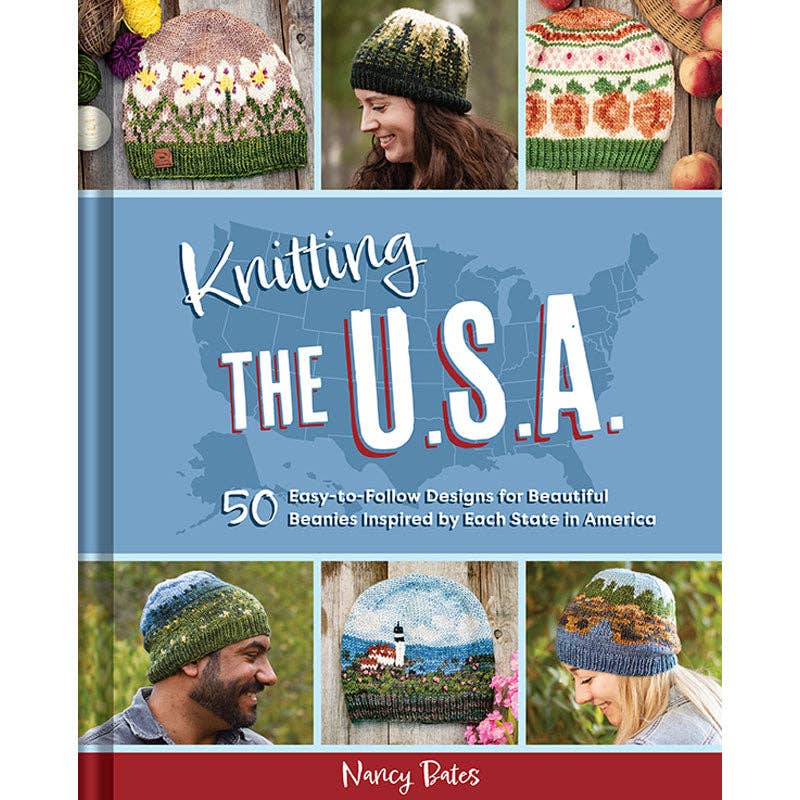 Knitting the U.S.A. book featuring 50 beanie designs inspired by each state, themed around the emp museum of pop culture