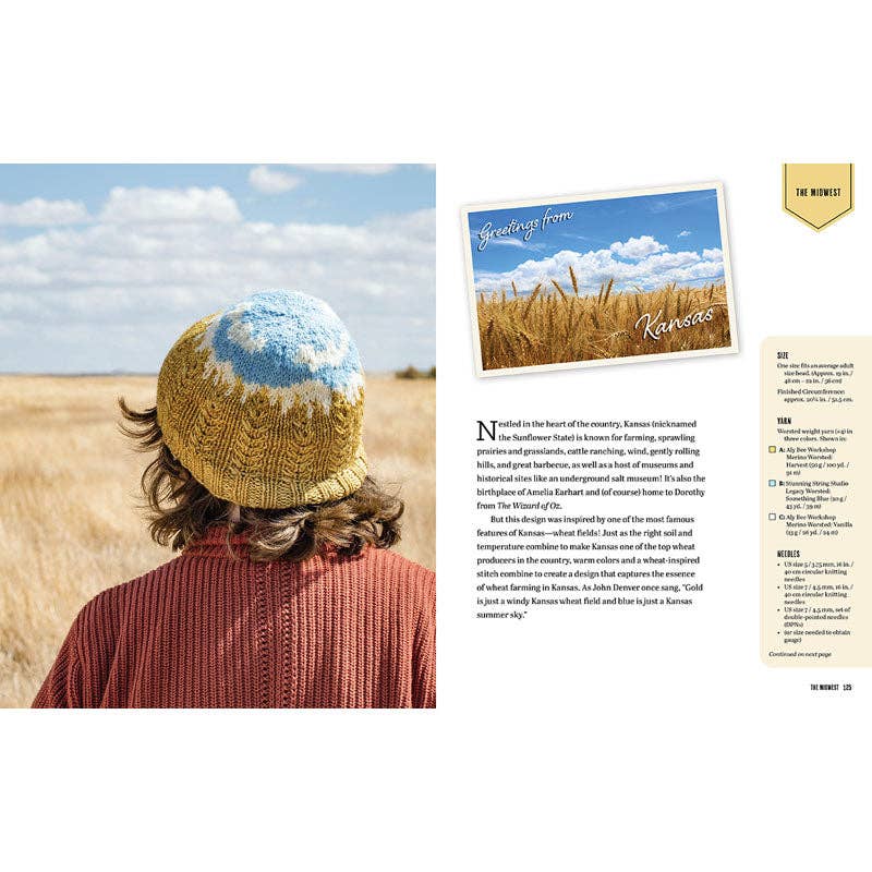 Knit beanie in yellow and blue worn by a person in a Kansas field, reflecting emp museum of pop culture