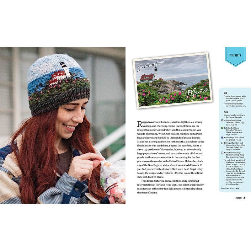 Woman wearing a knitted beanie depicting a lighthouse, inspired by the emp museum of pop culture