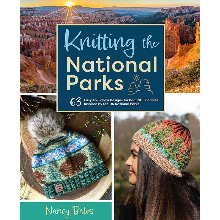 Knitting the National Parks book cover featuring designs inspired by Yellowstone National Parks with knitted beanies