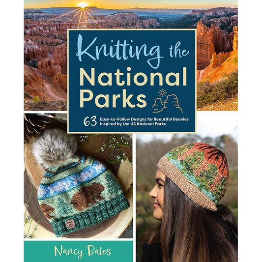 Knitting the National Parks book cover featuring designs inspired by Yellowstone National Parks with knitted beanies