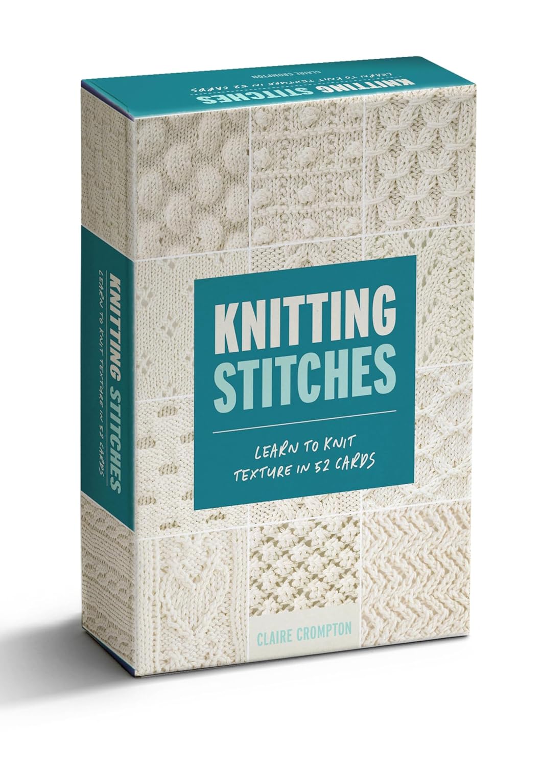 Boxed book deck showing cream knitted swatches and cable textures 52 knitting stitch pattern cards by Checker Distributors