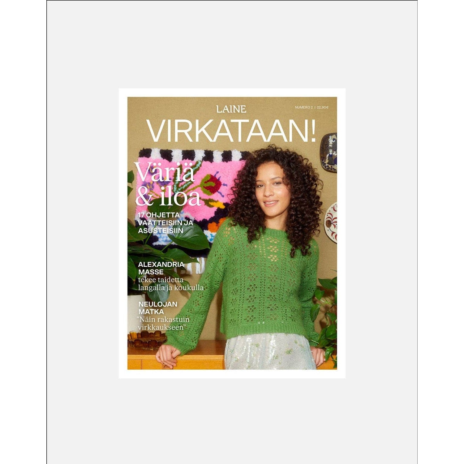 Laine Publishing crochet magazine cover featuring patterns and a model in a green crochet top