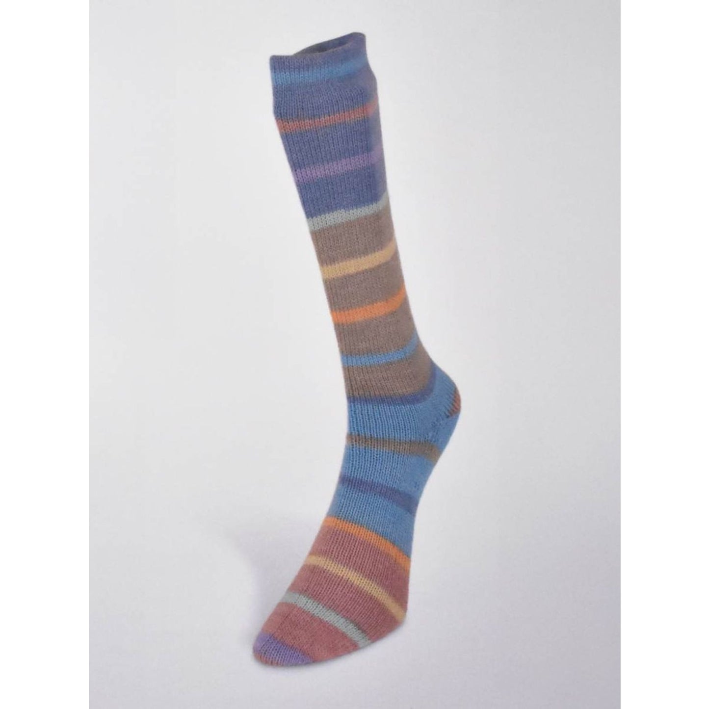 Striped sock featuring Laines du Nord Indulgence sock yarn in various colors for cozy footwear