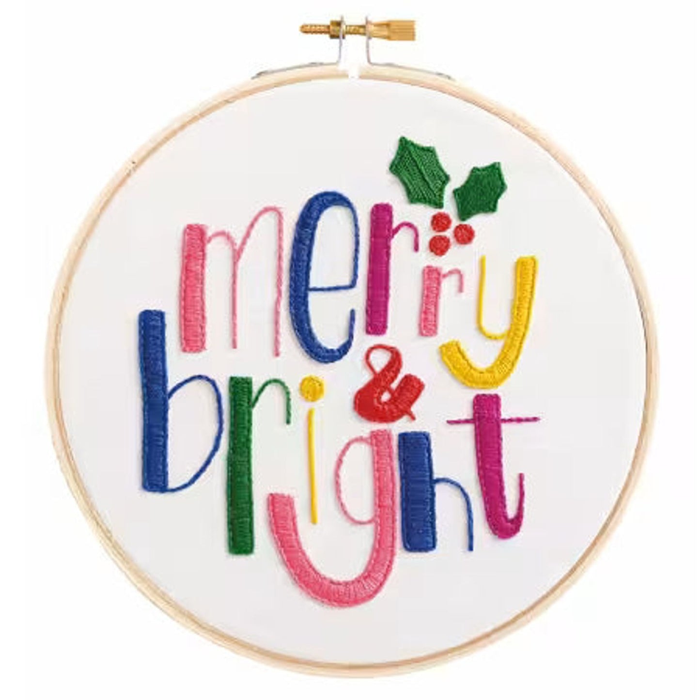 Leisure Arts embroidery kit 6 inch featuring colorful 'Merry & Bright' design with holly accents