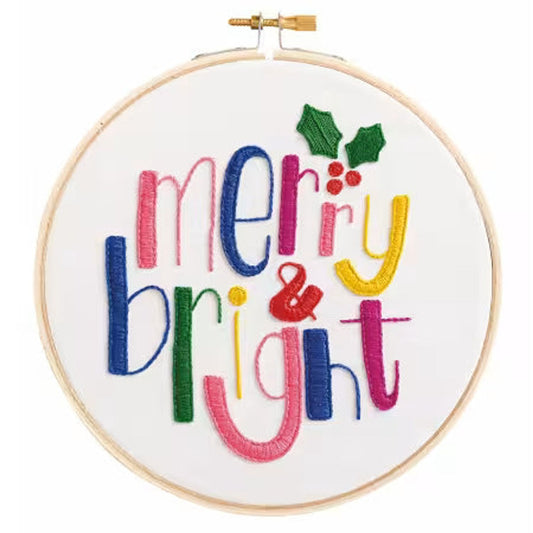 Leisure Arts embroidery kit 6 inch featuring colorful 'Merry & Bright' design with holly accents
