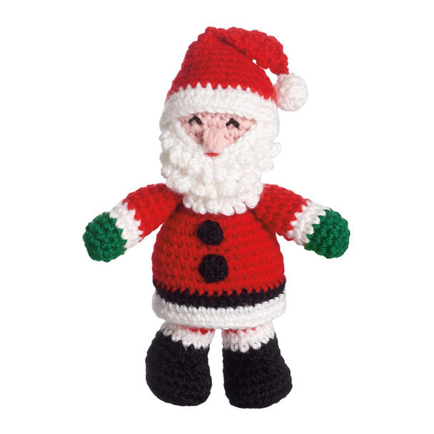 Holiday amigurumi crochet kit featuring a cheerful Santa Claus plush toy with red and white attire