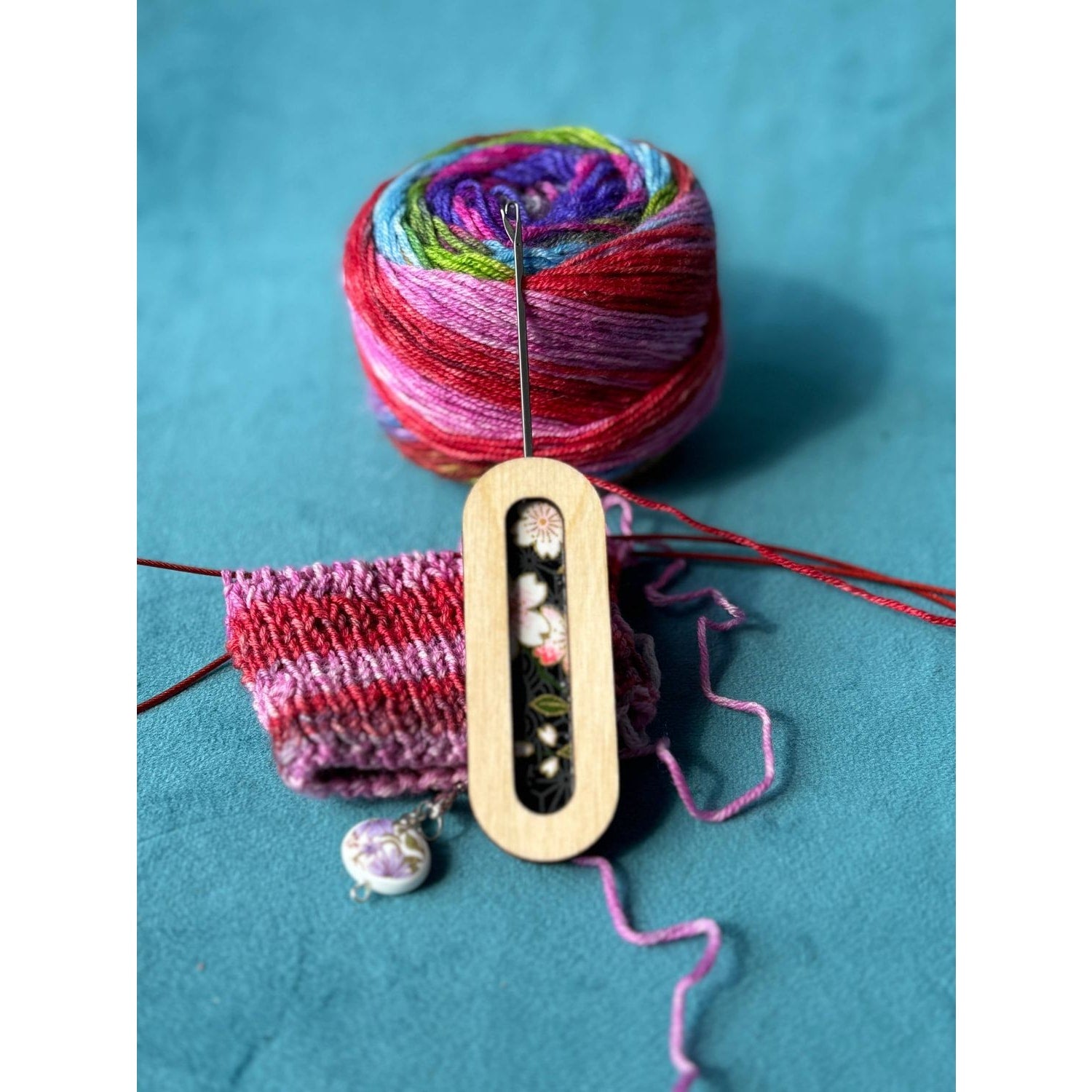 Lemonwood Elementary Yarn Tools with Colorful Yarn and Knitting Project in Progress