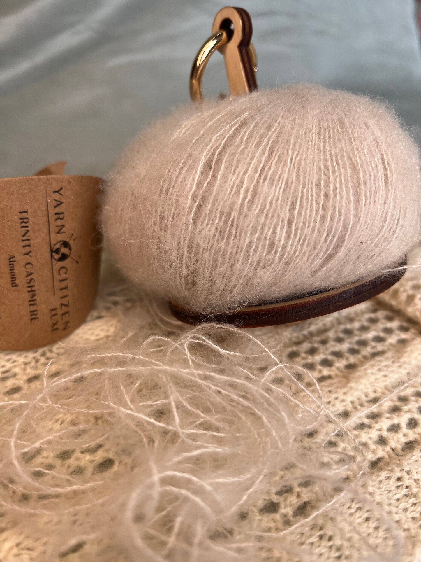 lemonwood crochet notions leather yarn holder with blush mohair ball for delicate lace knitting projects