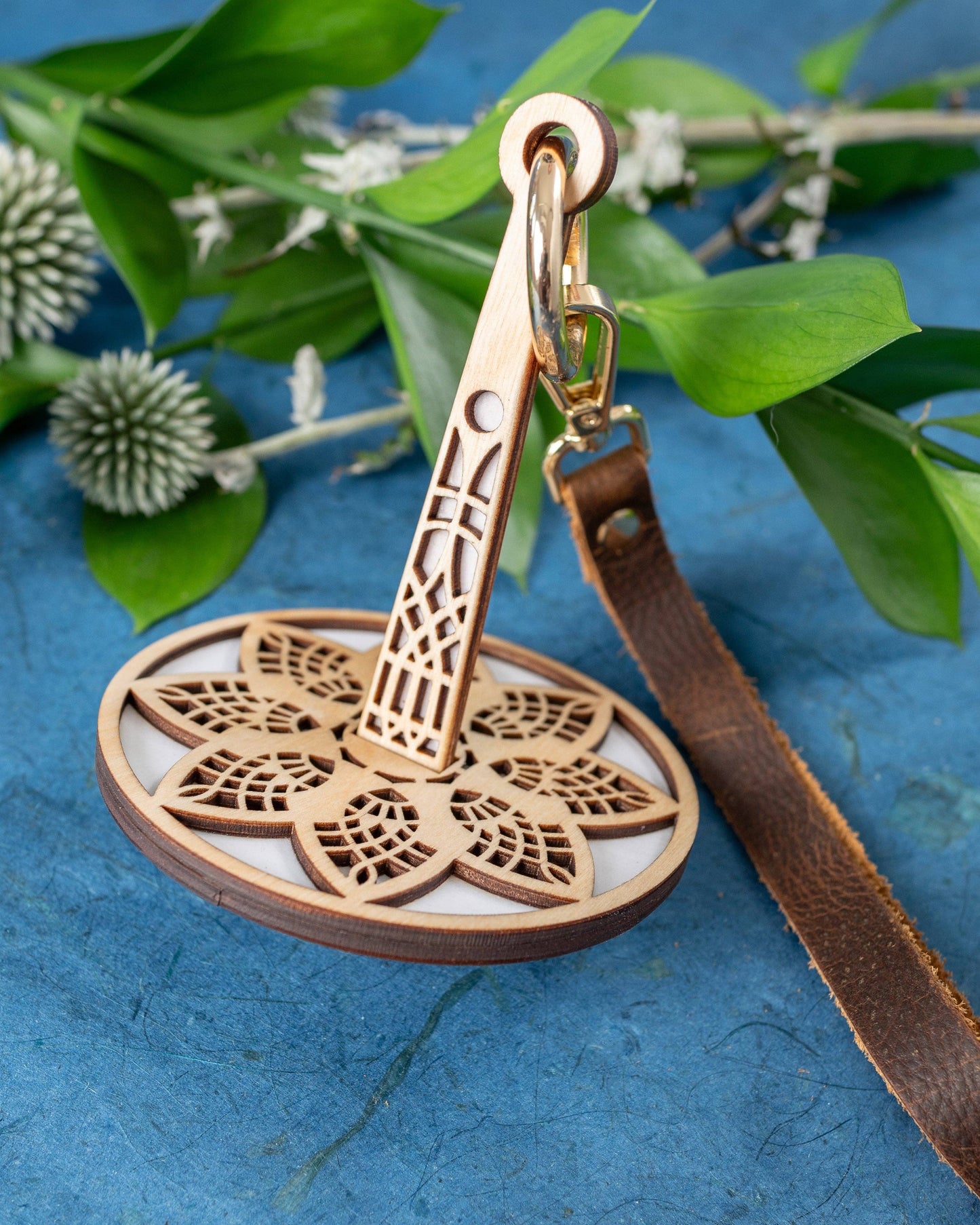 lemonwood crochet notions laser cut wooden thread cutter pendant with floral mandala design on leather strap and brass clip