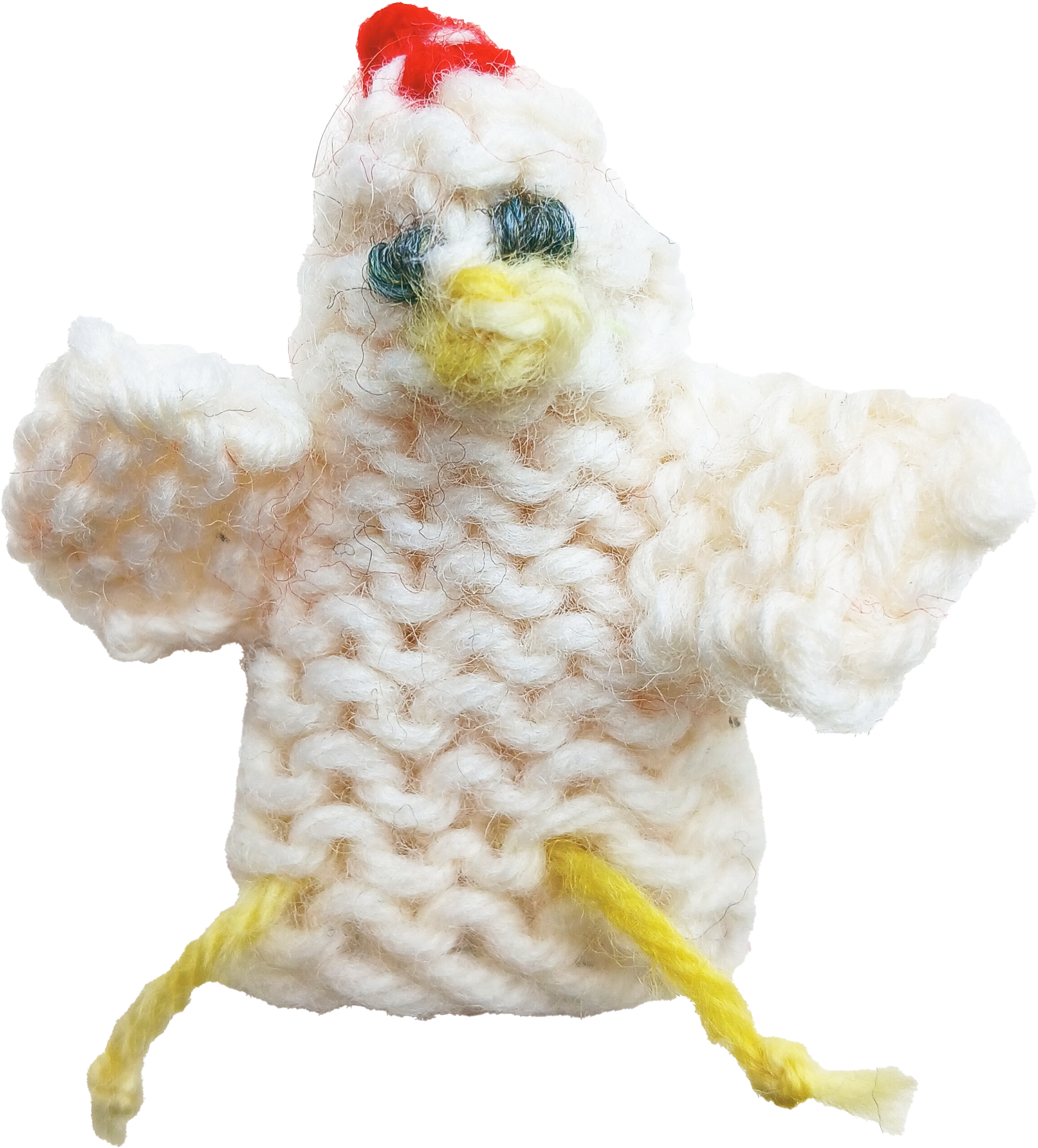AriYARN Shop and Studio kids knitted chicken puppet sample promoting children's knitting classes near Chicago