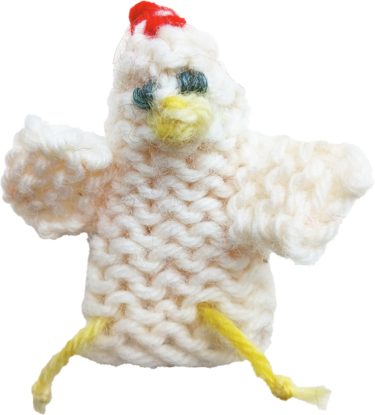 AriYARN Shop and Studio kids knitted chicken puppet sample promoting children's knitting classes near Chicago