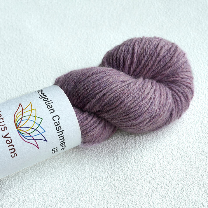 Lotus Yarns Mongolian Cashmere DK yarn in soft purple shade for luxury knitting projects