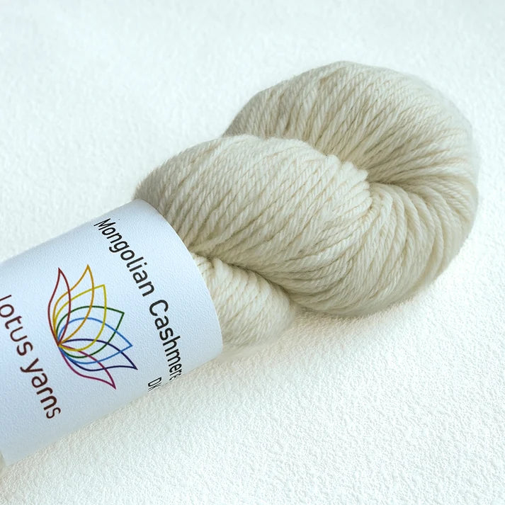 Lotus Yarns Mongolian Cashmere DK yarn in soft cream color for cozy knitting projects