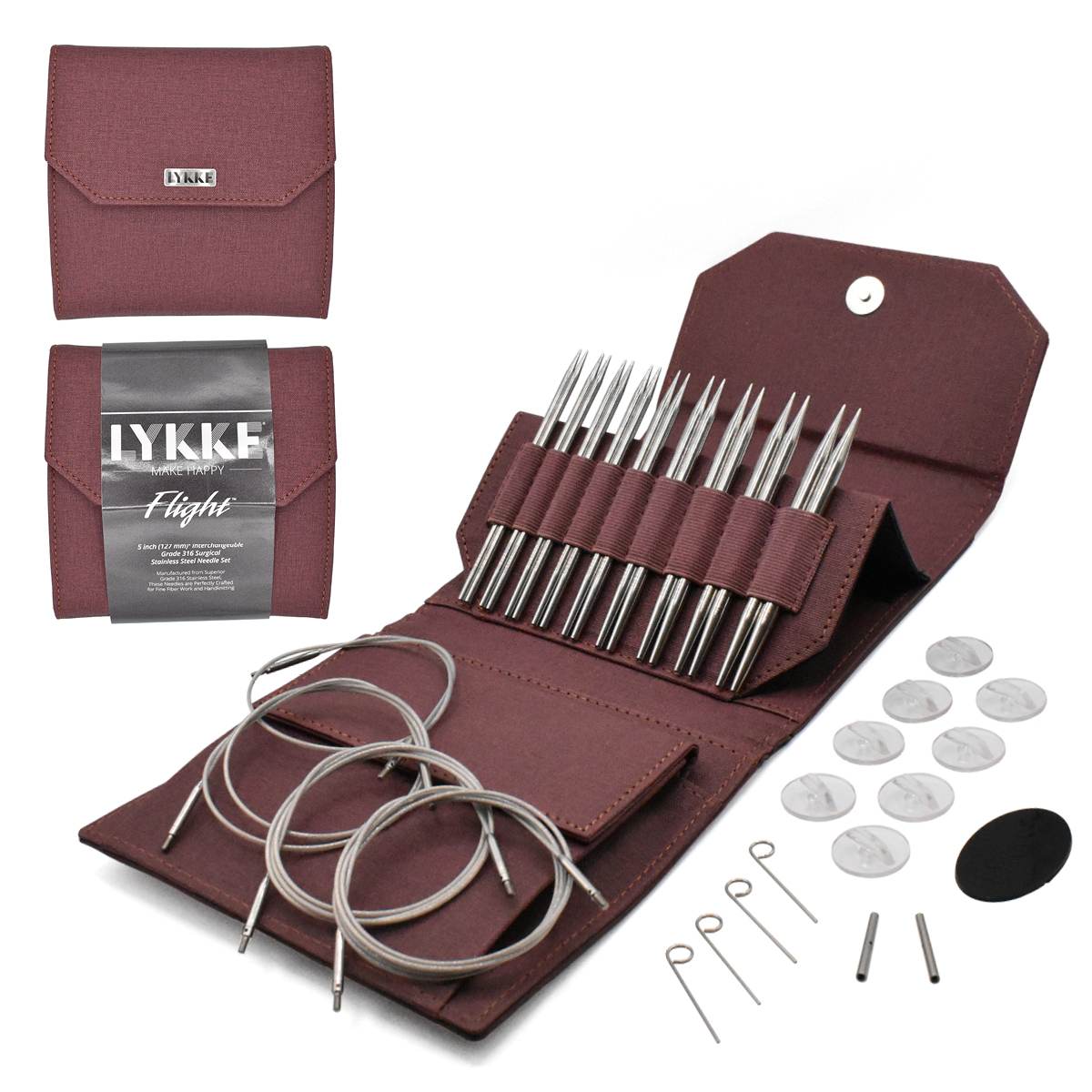 Lykke interchangeable needle set in maroon case with multiple needle sizes and accessories for knitting enthusiasts
