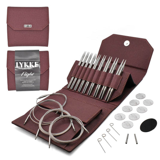Lykke interchangeable needle set in maroon case with multiple needle sizes and accessories for knitting enthusiasts