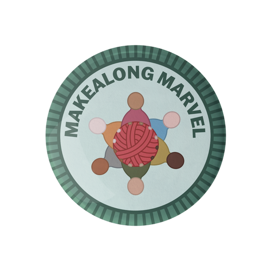 Camp Stitchwood Makealong Marvel embroidered patch iron on with colorful yarn design and text