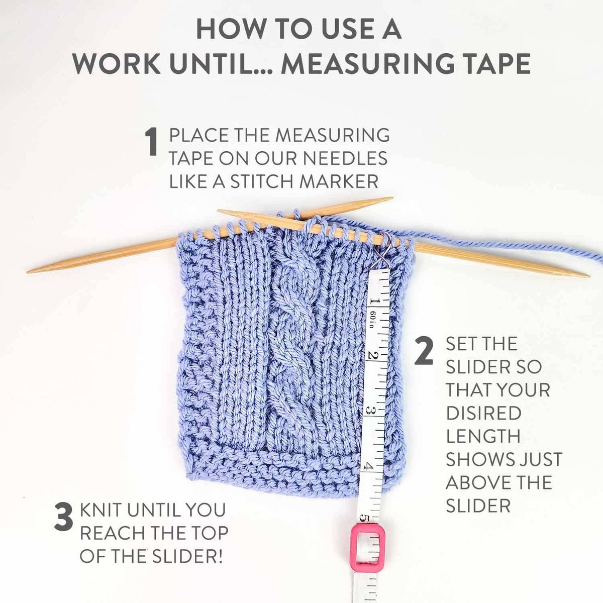 Instructional image on measuring with tape for knitting, showing steps and tools used