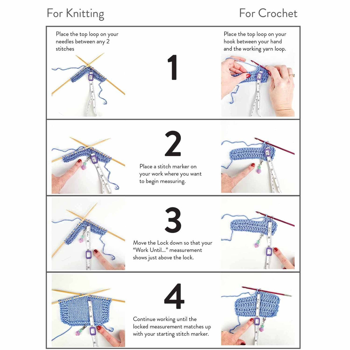 Step-by-step guide for knitting and crochet using measuring with tape for accurate stitch alignment