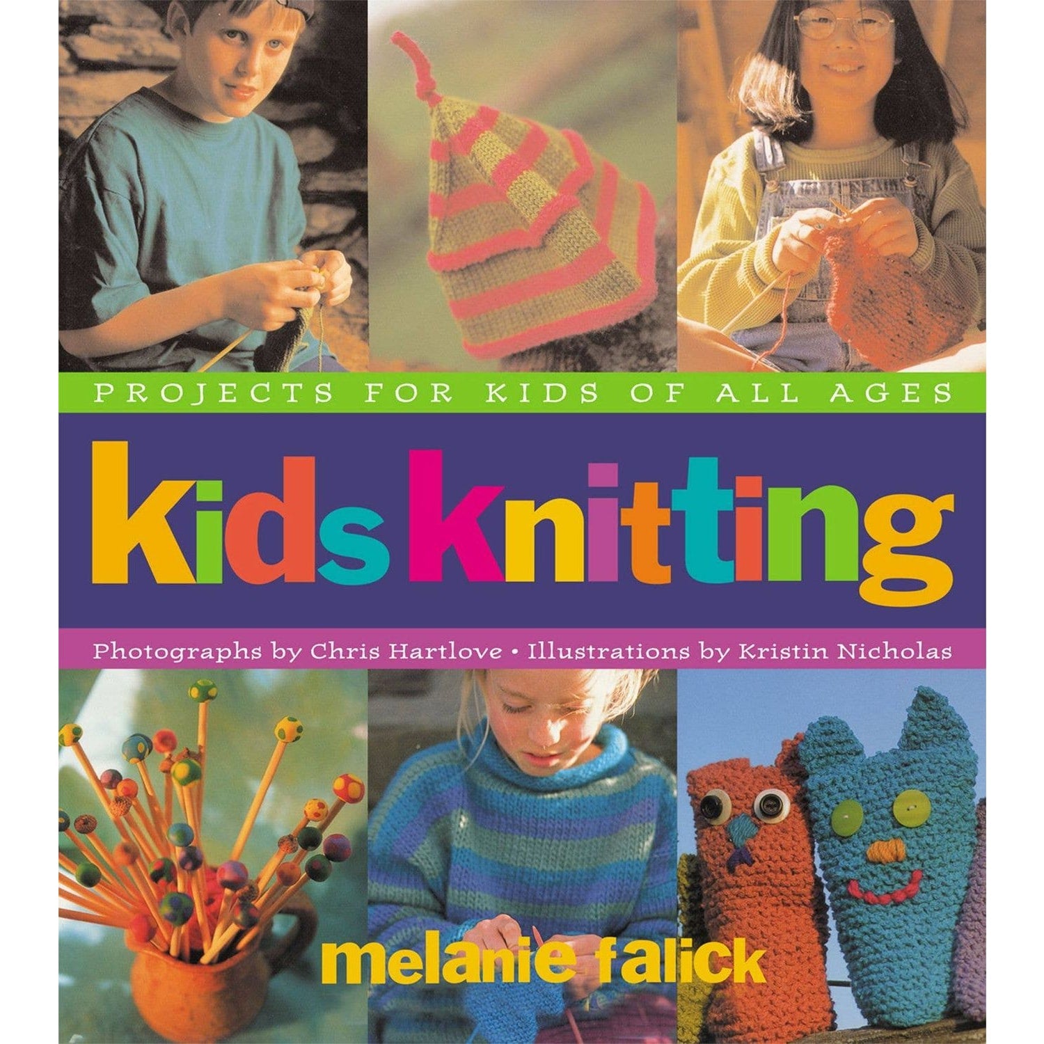 Kids Knitting Book featuring colorful projects for children with vibrant illustrations and photographs