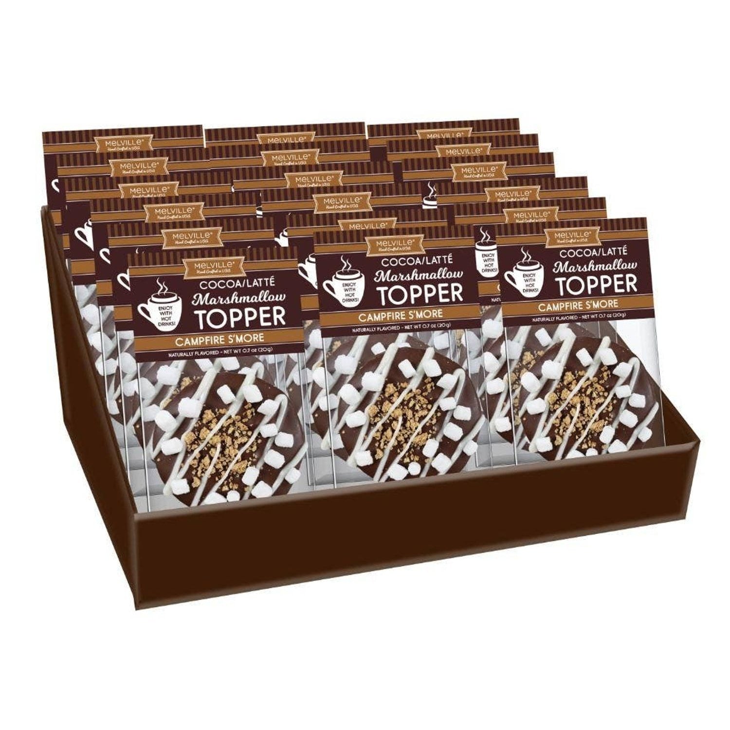 Melville Candy cocoa toppers display featuring Campfire S'more flavor with chocolate and marshmallow