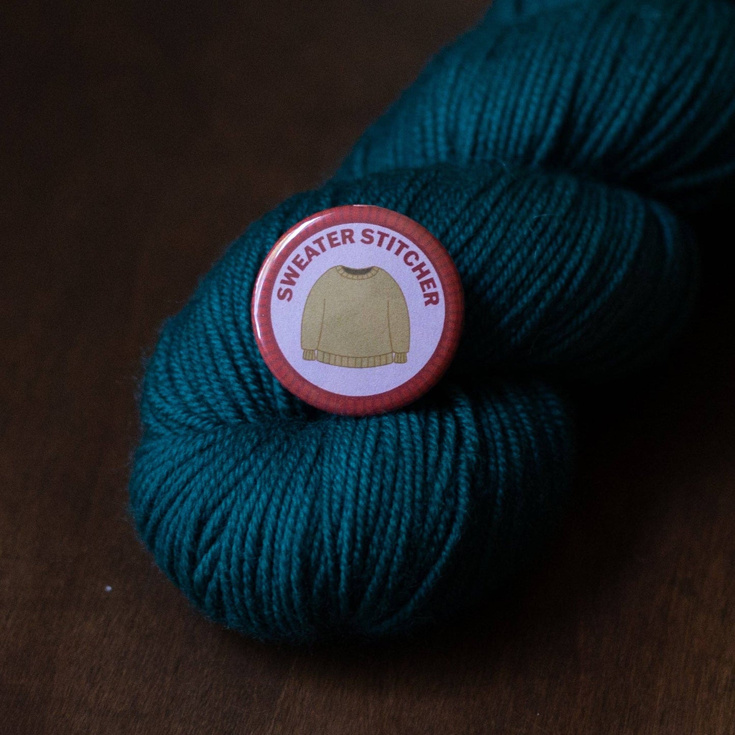 Camp Stitchwood Sweater Stitcher Button with Yarn, perfect for merit badge required for eagle projects
