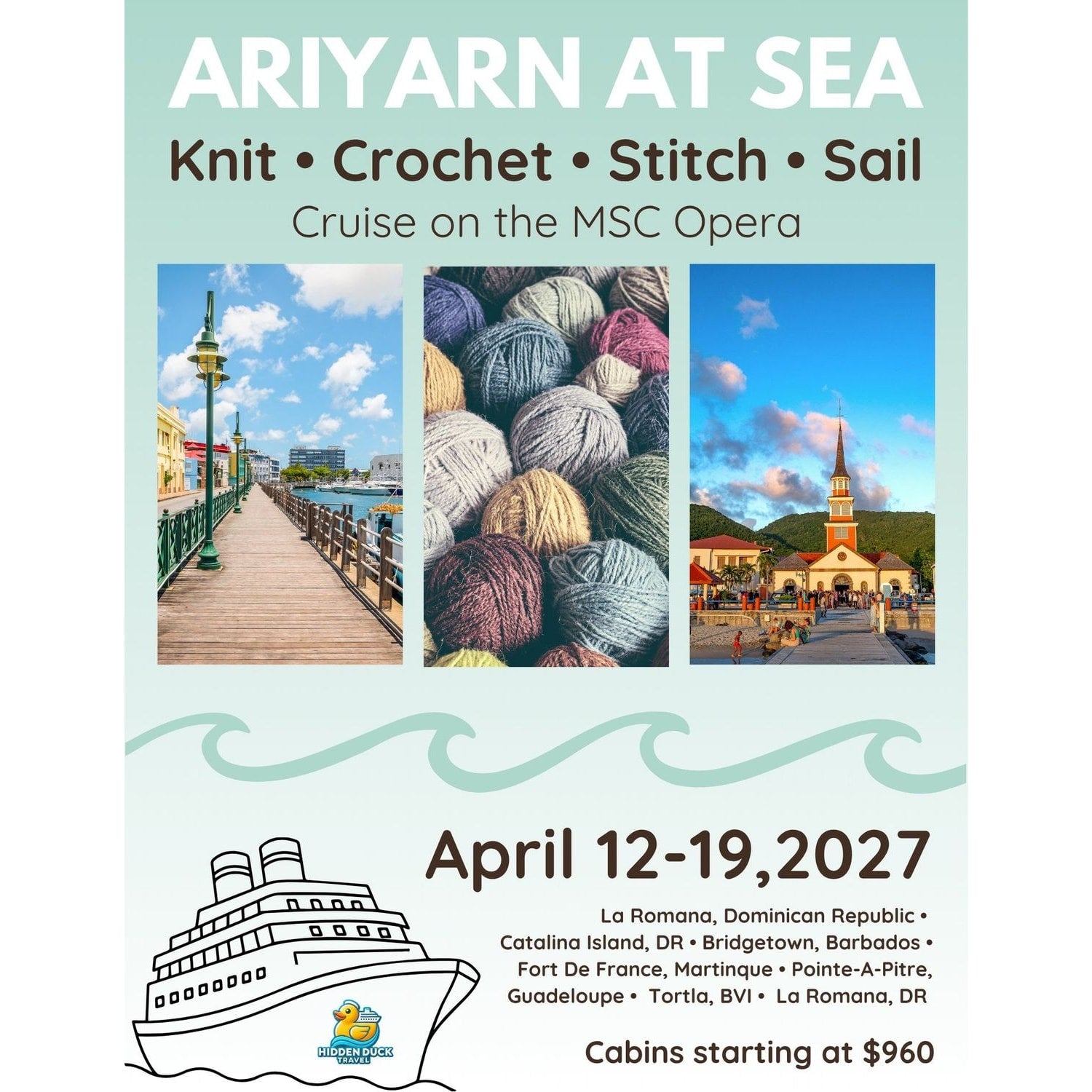 AriYARN at Sea event poster featuring a cruise with options to knit, crochet, and stitch, plus add on cruise control