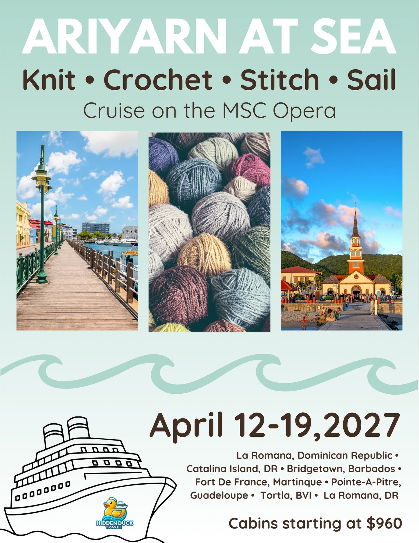 AriYARN at Sea event poster featuring a cruise with options to knit, crochet, and stitch, plus add on cruise control