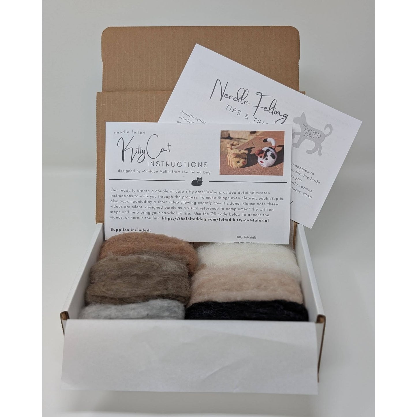 Needle felting kit from The Felted Dog with wool and instructions for making a kitty cat