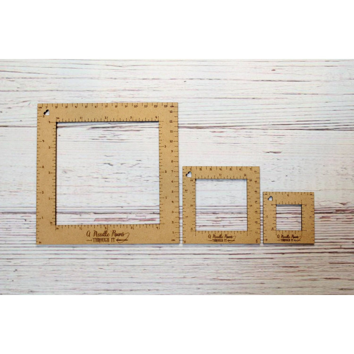Set of three wooden gauge rulers for knitting a gauge swatch with clear measurements