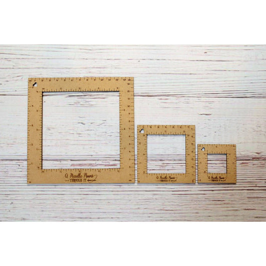 Set of three wooden gauge rulers for knitting a gauge swatch with clear measurements
