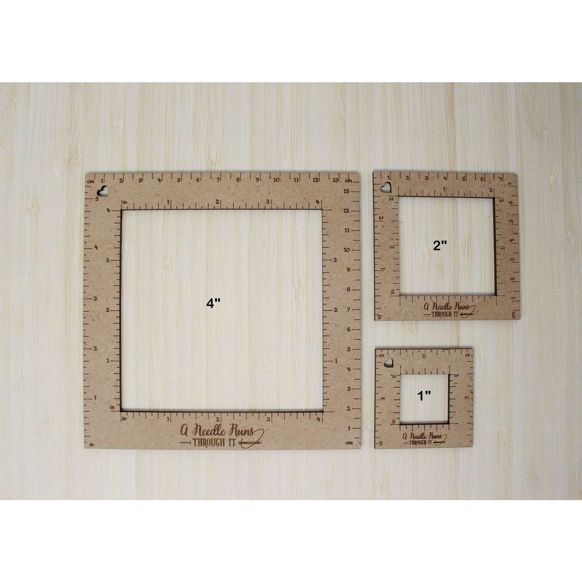 Set of three gauge swatch rulers for knitting a gauge swatch in different sizes from A Needle Runs Through It