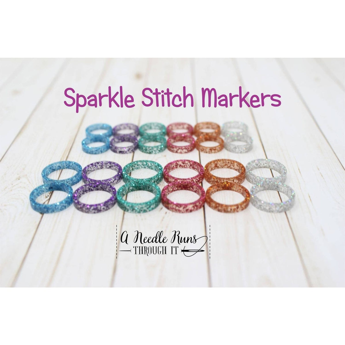Colorful sparkle stitch markers for crocheting in various shades and designs for easy project tracking