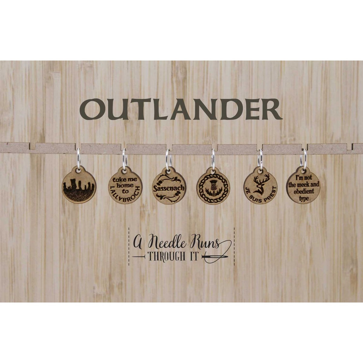 Outlander-themed stitch markers for crocheting featuring unique designs and phrases, perfect for fans