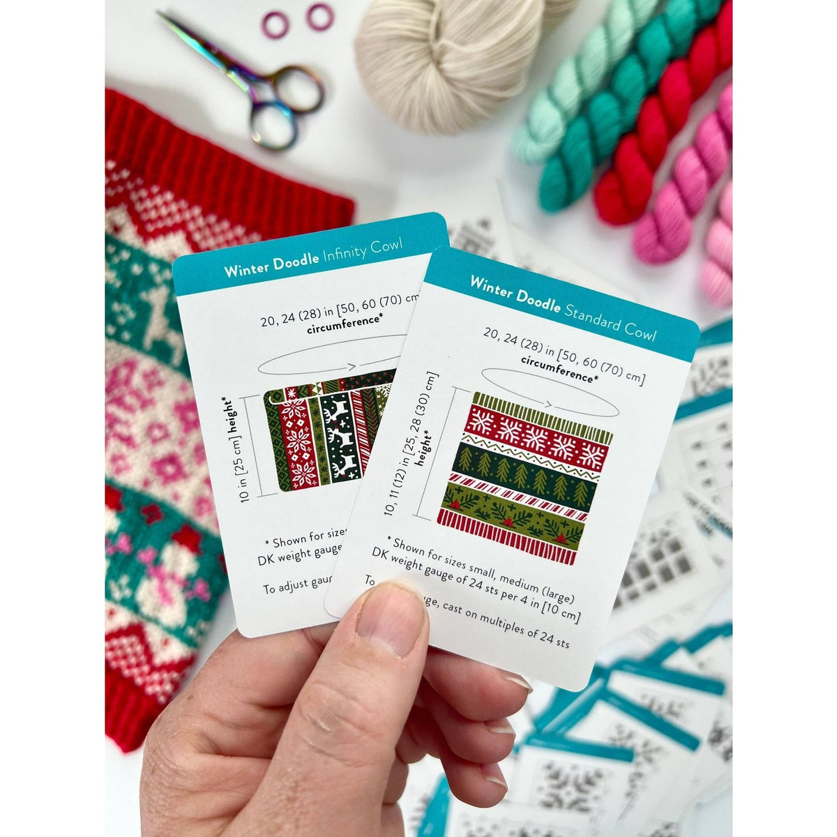 Twice Sheared Sheep winter-themed deck of card pattern instructions for knitting cowls