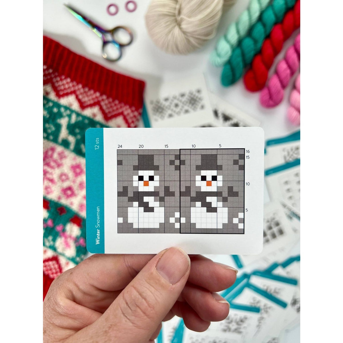 Twice Sheared Sheep deck of card featuring Winter Snowman knitting patterns for creative projects