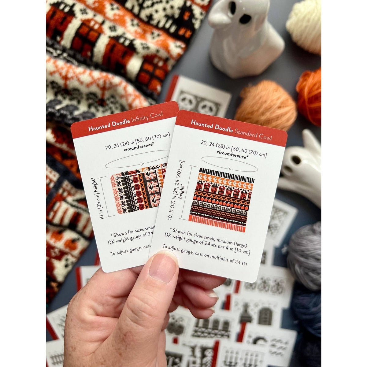 Deck of cards showing knitting patterns for Haunted Doodle Infinity and Standard Cowls