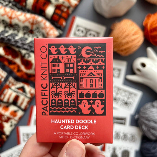 Haunted Doodle card deck from Pacific Knit Co, featuring creative colorwork stitch designs