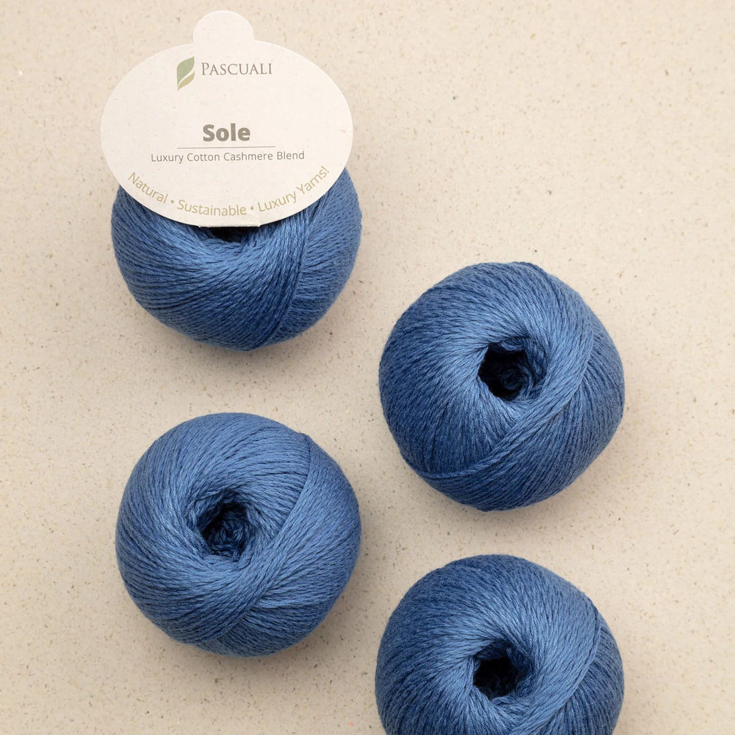 Pascuali Sole Systems yarn in blue, a luxury cotton cashmere blend for soft and sustainable projects