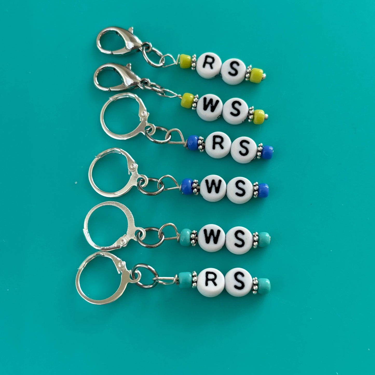 Right side wrong side knitting stitch markers set from Comma Craft Co with colorful beads