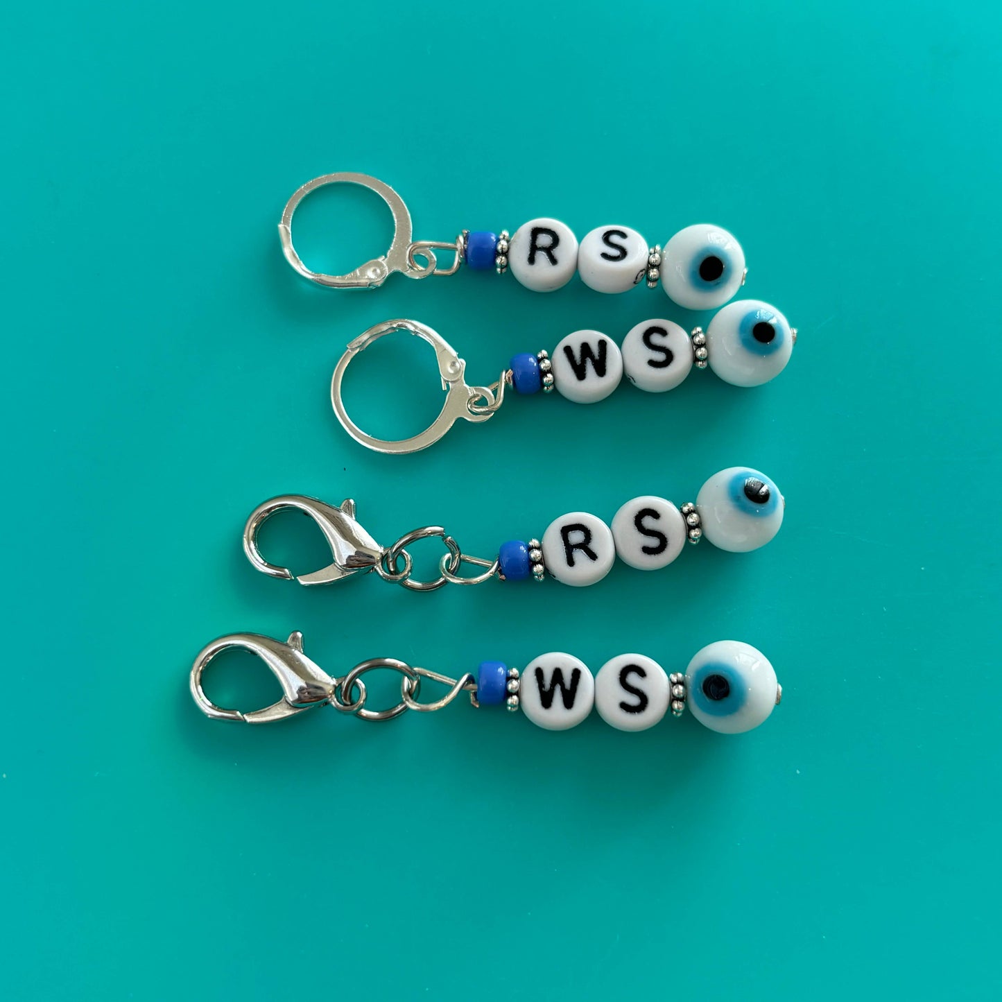 Right side wrong side knitting stitch markers with letter beads and clasps for easy identification