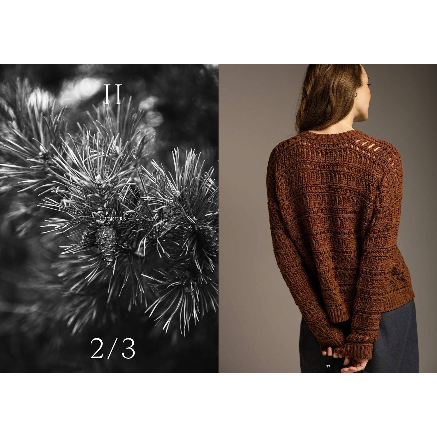 Crochet garments patterns book featuring a stylish brown sweater design with intricate openwork